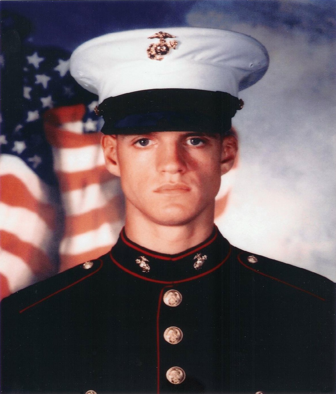 Recruit Jason Dunham in dress uniform during recruit training, 2000. United States Marine Corps