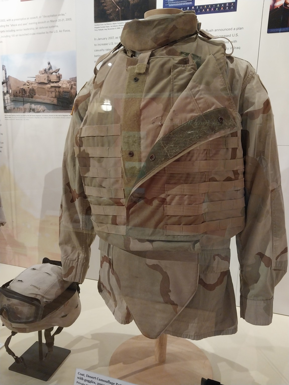 Coat, desert camouflage pattern, with Interceptor Body Armor and helmet with goggles, 2005